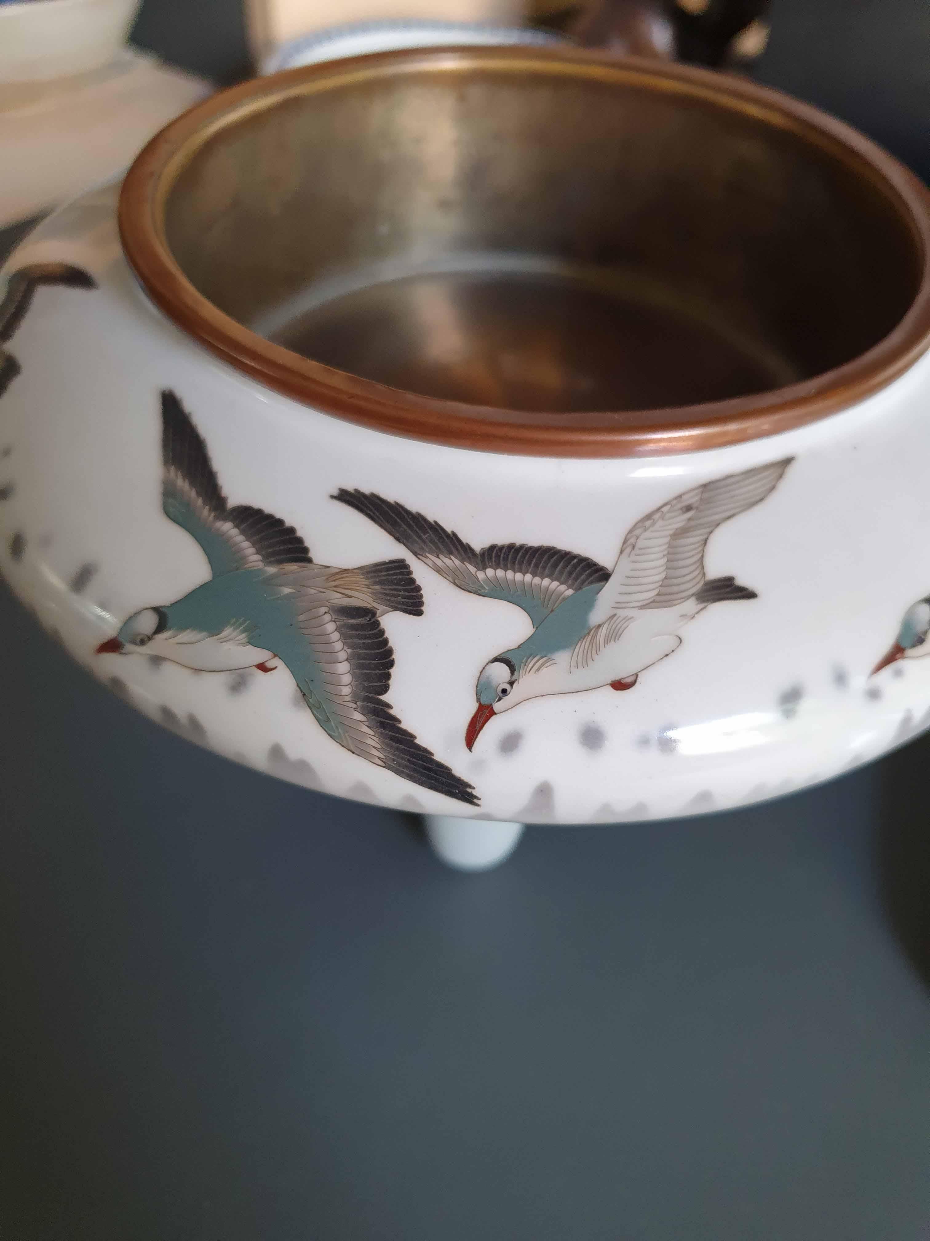 19th Century Lovely 19c Antique Japanese Bronze Cloisonne Censer Birds Flying For Sale