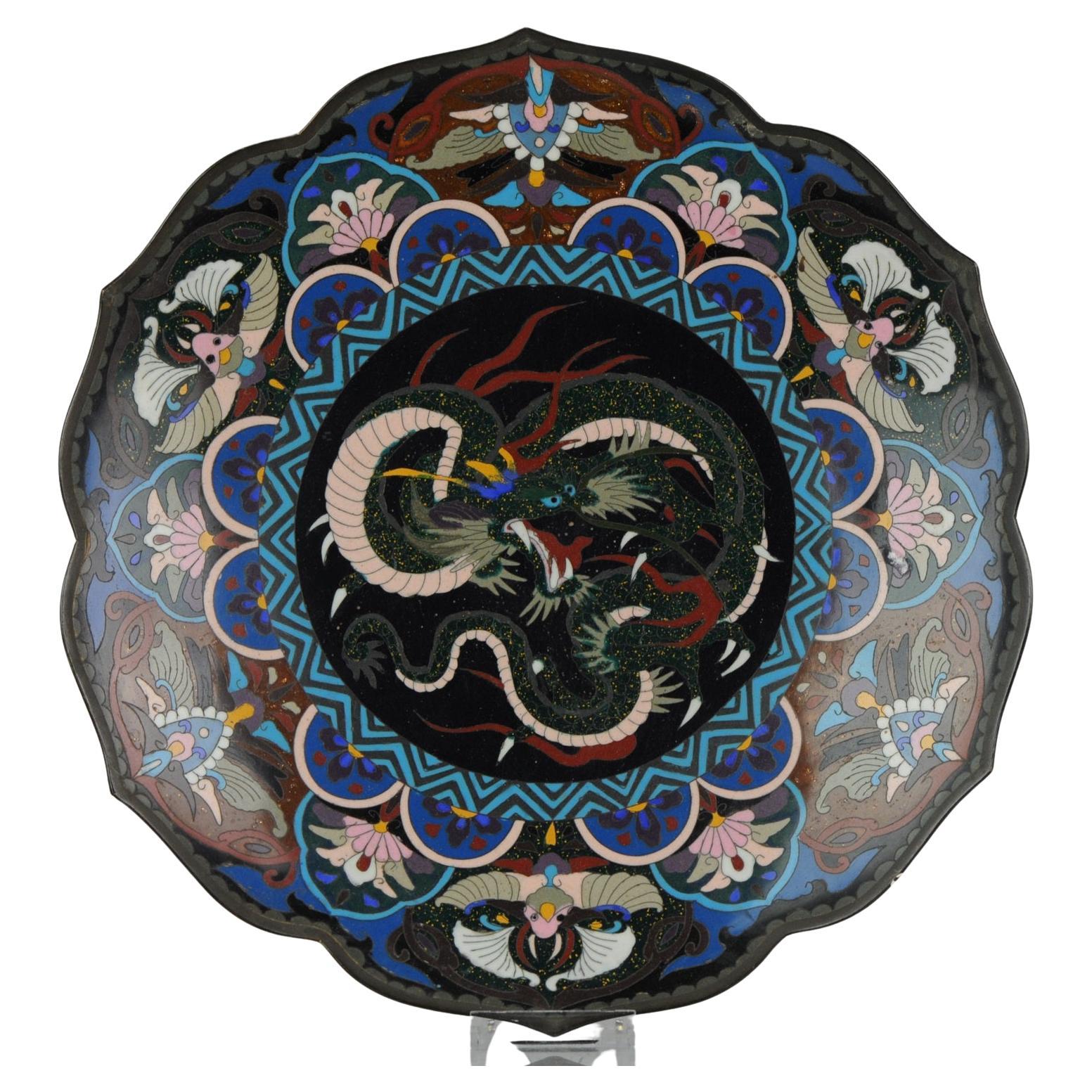 Lovely 19C Antique Meiji Period Japanese Bronze Cloisonne Charger Dragon Phoenix