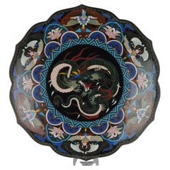Lovely 19C Antique Meiji Period Japanese Bronze Cloisonne Charger Dragon Phoenix