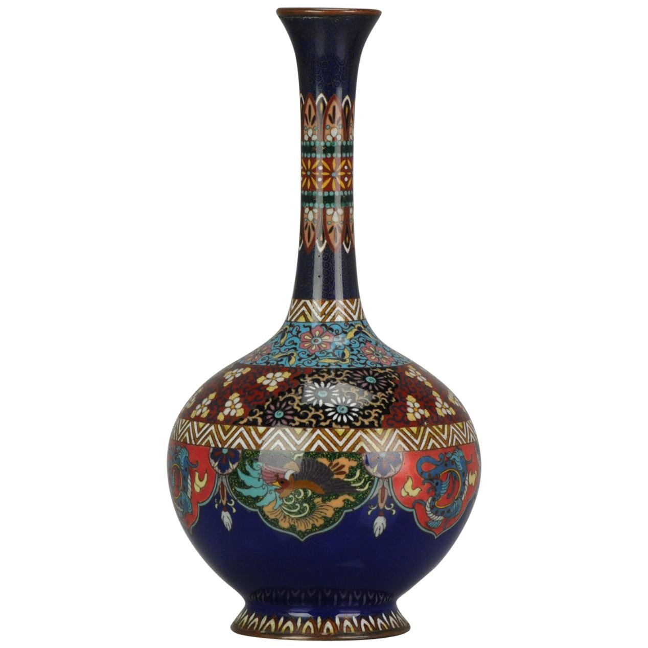 Lovely 19c Antique Meiji Period Japanese Bronze Cloisonne Vase Dragon Phoenix
