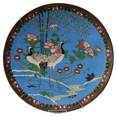 Lovely 19 C Antique Meiji Period Japanese Serving Dish Bronze Crane Cloisonne