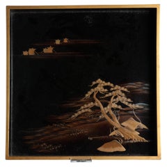 Lovely 19th c Antique Meiji Period Japanese Lacquer Serving Platter Landscape (plat de service en laque japonais)