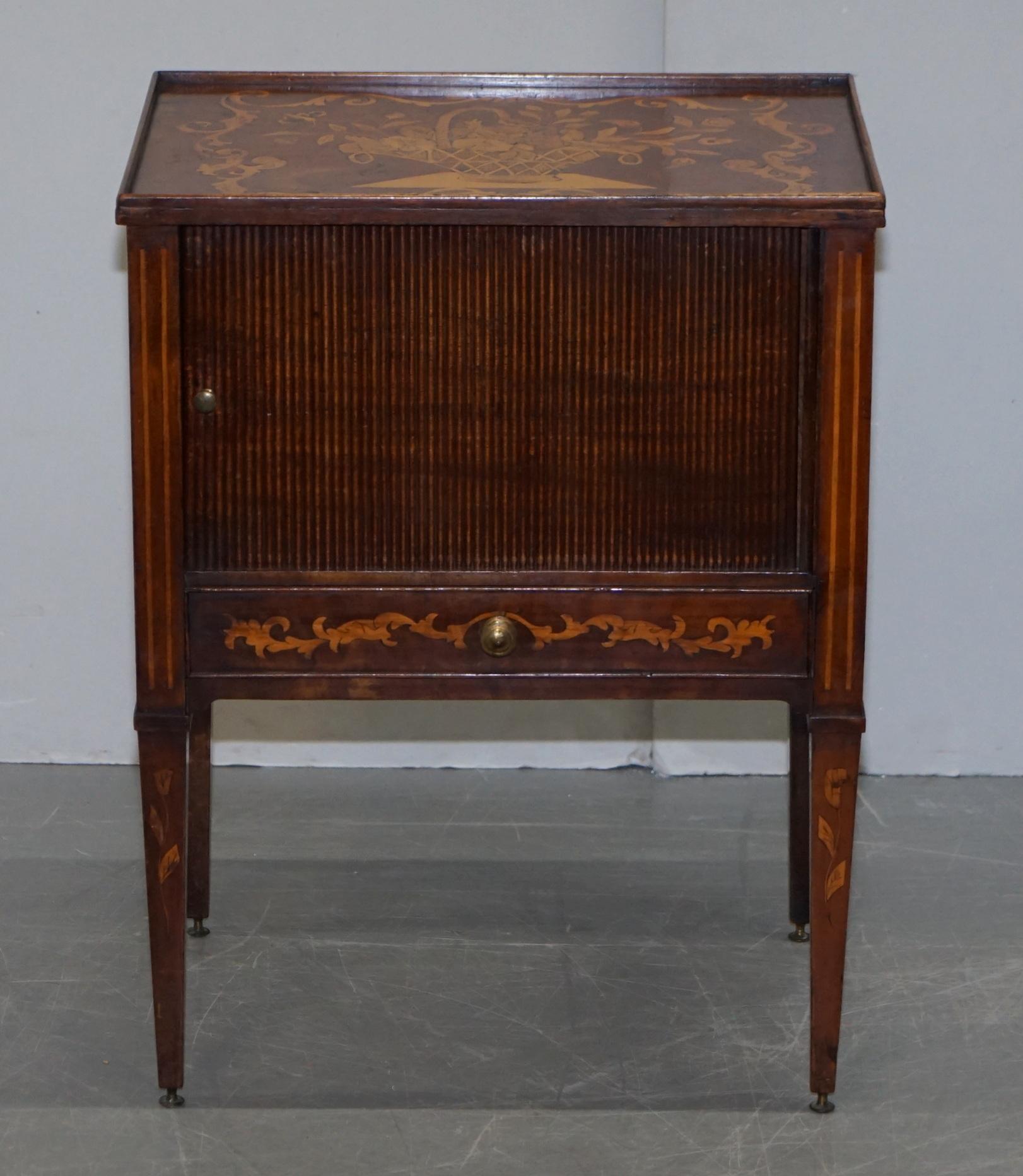 Regency Lovely 19th Century Dutch Marquetry Inlaid Side Table with Tambour Fronted Door For Sale