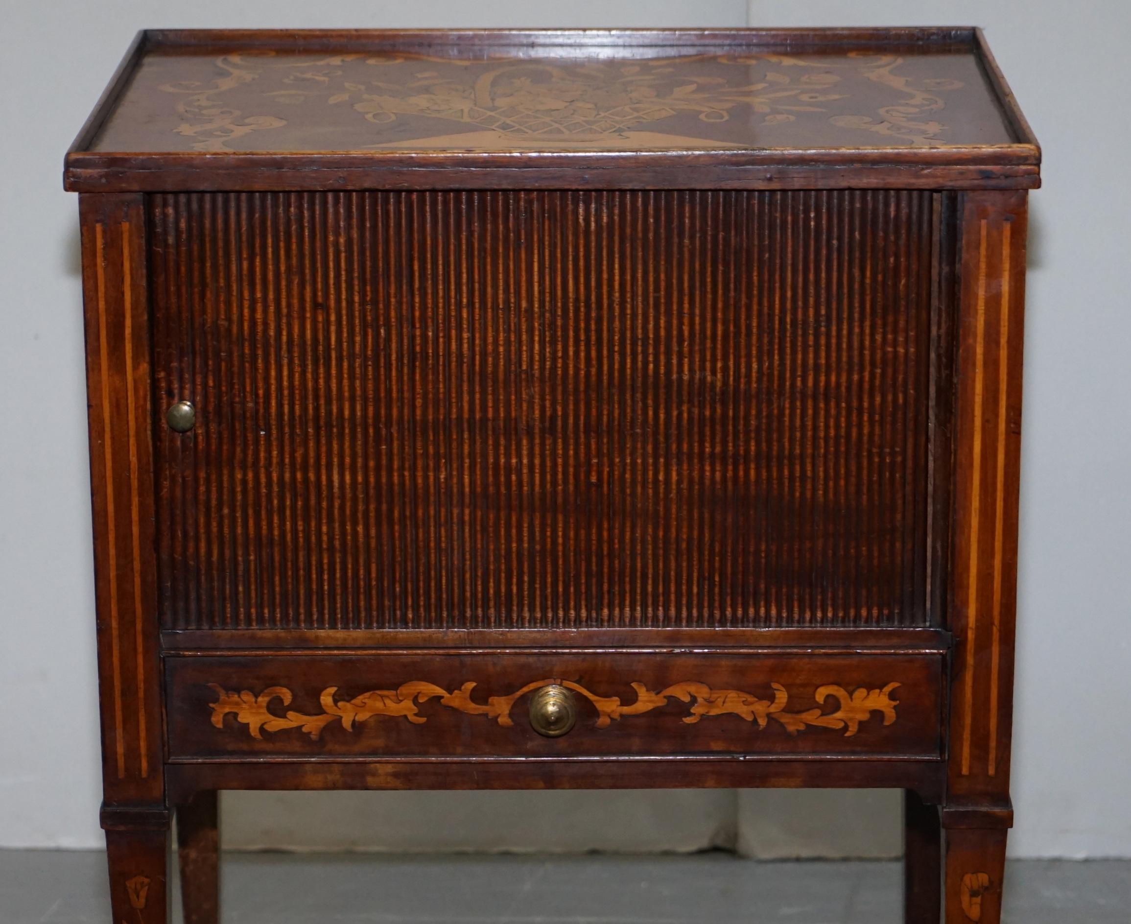 Walnut Lovely 19th Century Dutch Marquetry Inlaid Side Table with Tambour Fronted Door For Sale