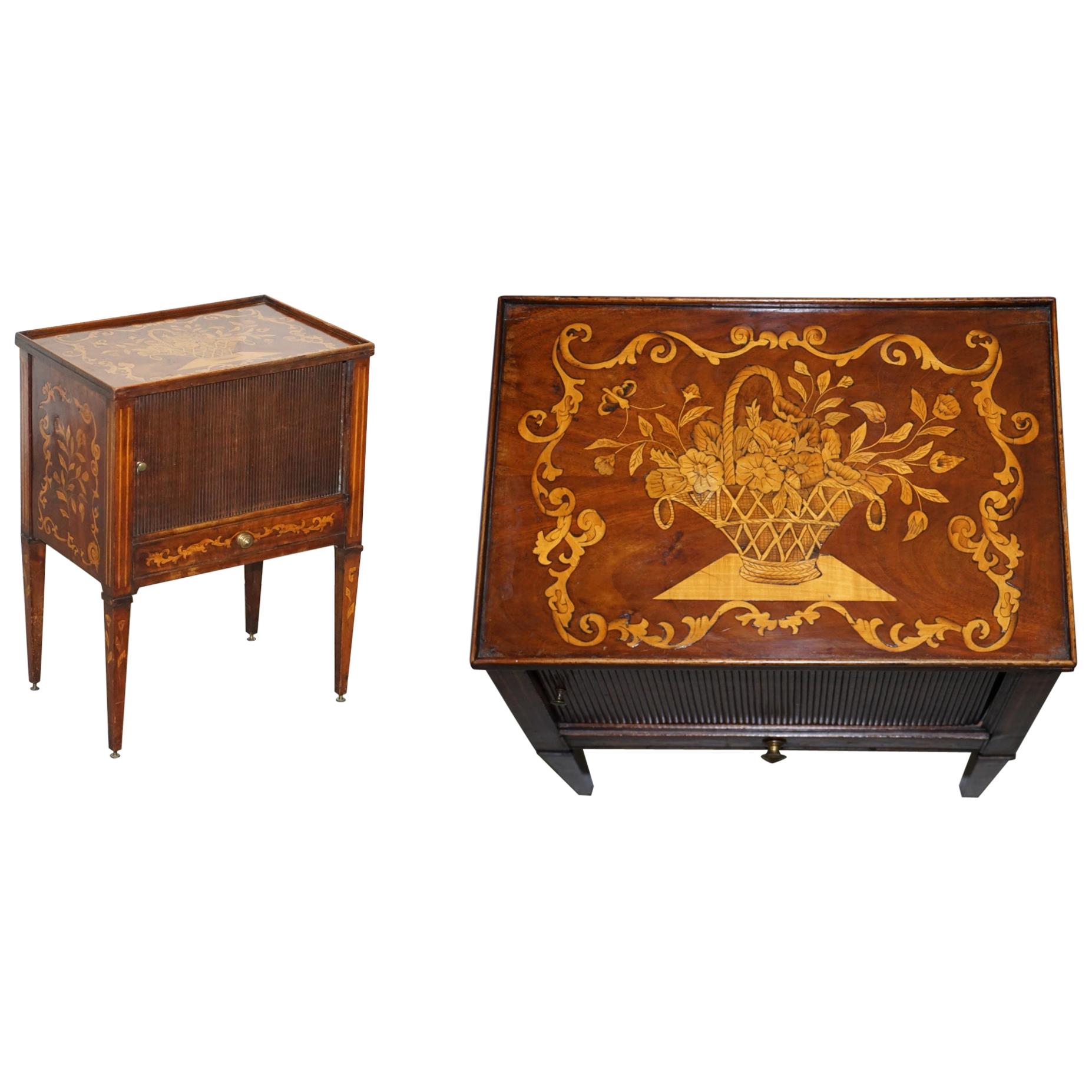 Ravissante table d'appoint en marqueterie hollandaise du 19ème siècle avec porte à façade tambour