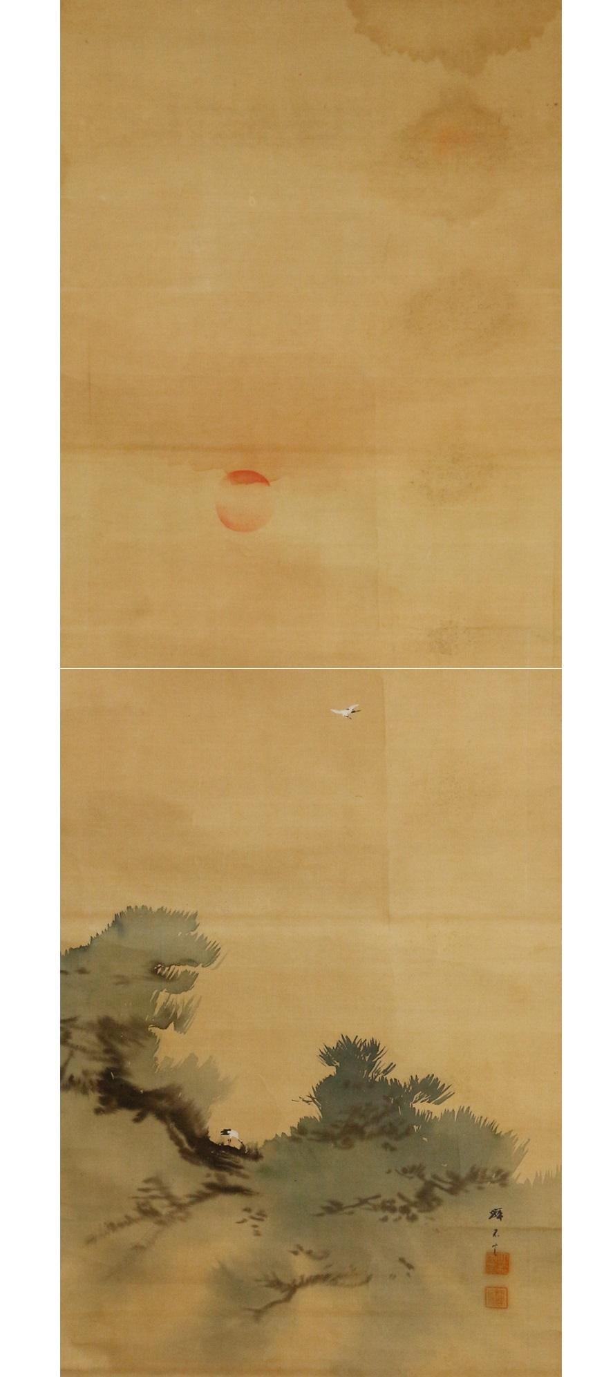 Meiji Lovely 19th Century Scroll Paintings Japan Artist Signed Crane in Landscape For Sale