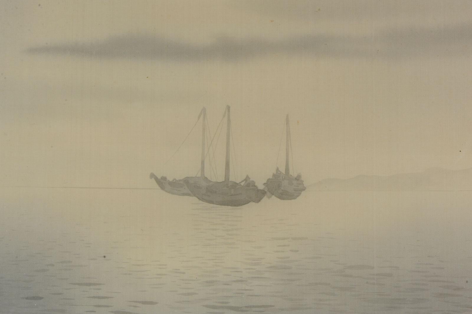 Meiji Lovely 19th Century Silk Paintings Japan Artist Signed Sea Landscape fog Boats