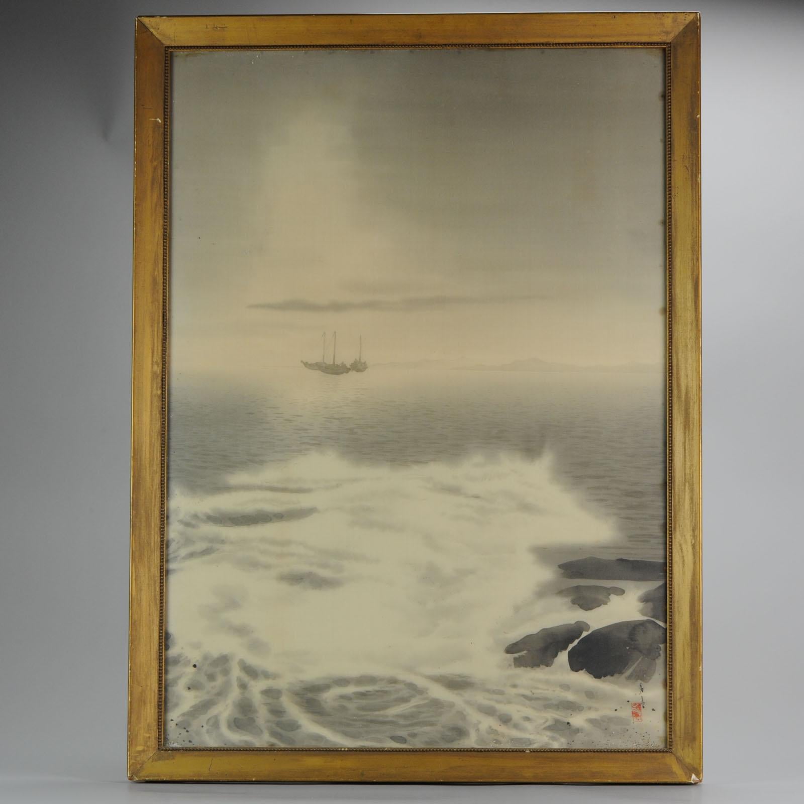 Japanese Lovely 19th Century Silk Paintings Japan Artist Signed Sea Landscape fog Boats