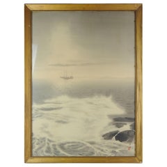 Lovely 19th Century Silk Paintings Japan Artist Signed Sea Landscape fog Boats
