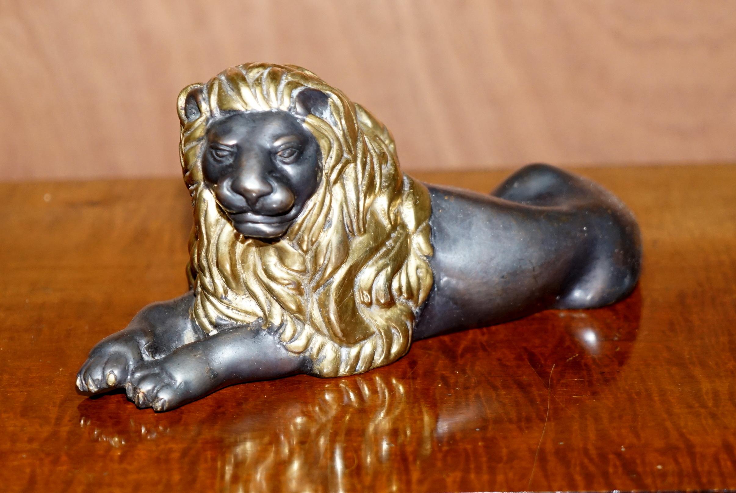 Hand-Crafted Lovely 19th Century Victorian Gold Gilt Bronze Recumbent Lion Laying Down For Sale