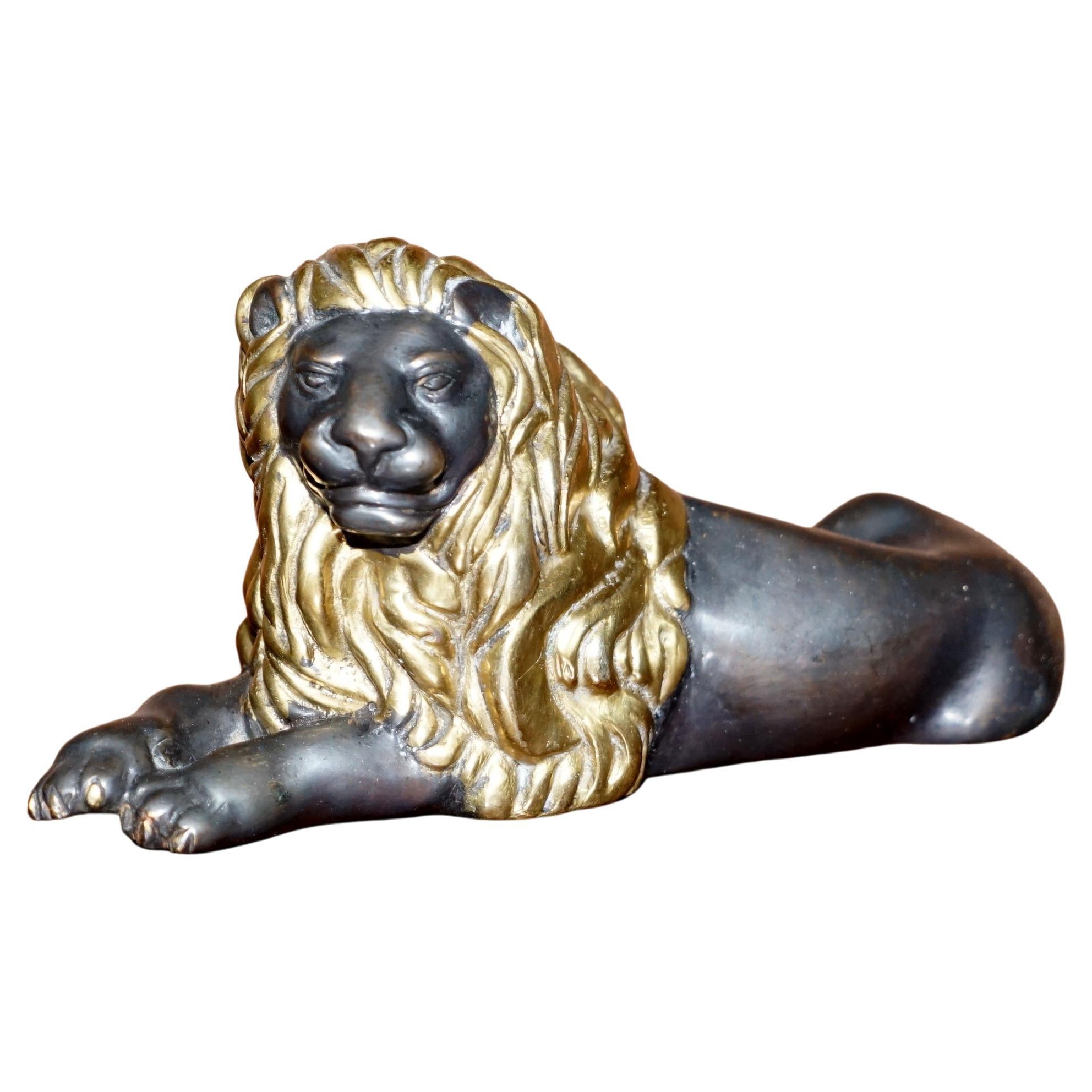 Lovely 19th Century Victorian Gold Gilt Bronze Recumbent Lion Laying Down For Sale