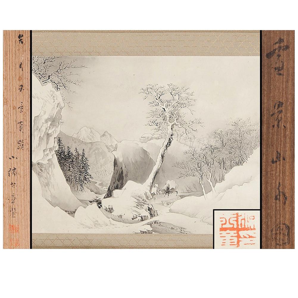 Grazioso dipinto su rotolo del 19° secolo dell'artista giapponese Tamazusa Kawabata, dipinto con una gru in vendita
