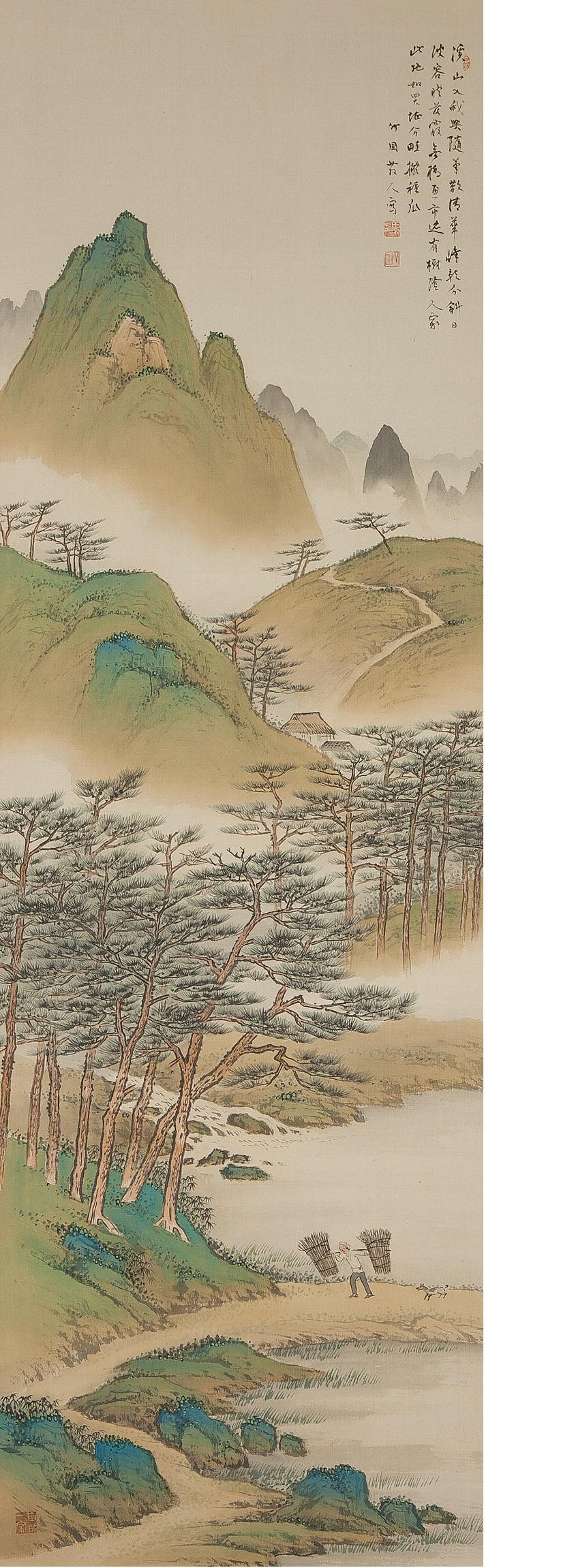 Meiji Lovely 20th Century Scroll Paintings Japan Artist Signed Figure in Landscape