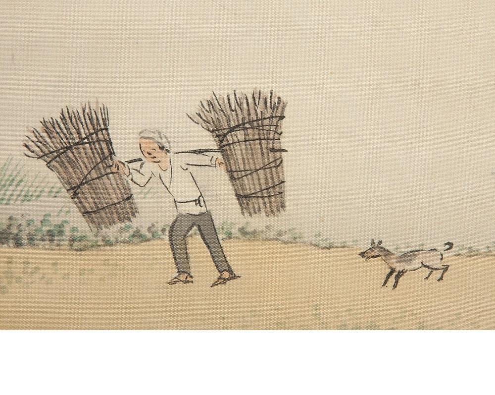 Lovely 20th Century Scroll Paintings Japan Künstler signiert Figur in der Landschaft (Stoff)