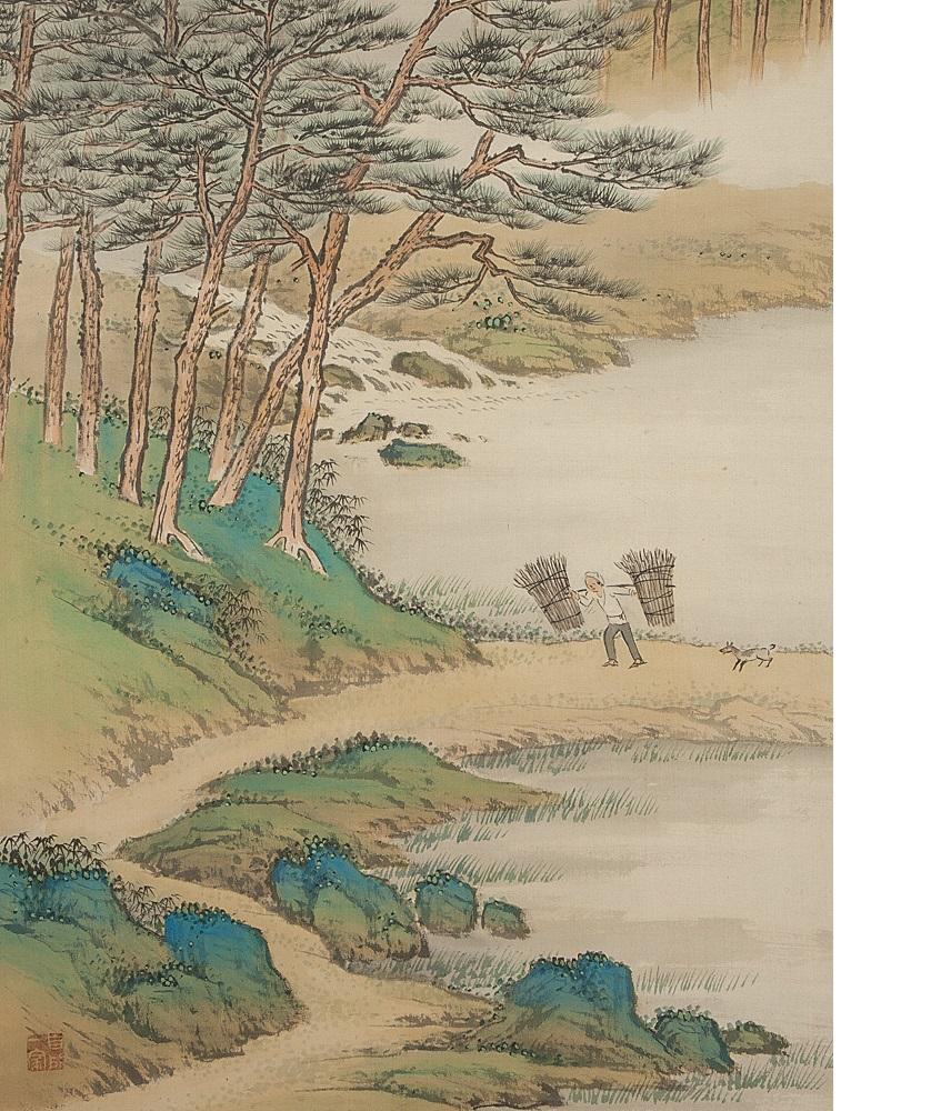 Lovely 20th Century Scroll Paintings Japan Artist Signed Figure in Landscape 2
