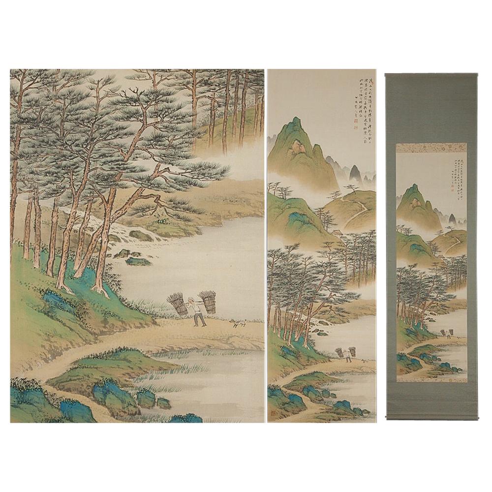 Lovely 20th Century Scroll Paintings Japan Künstler signiert Figur in der Landschaft