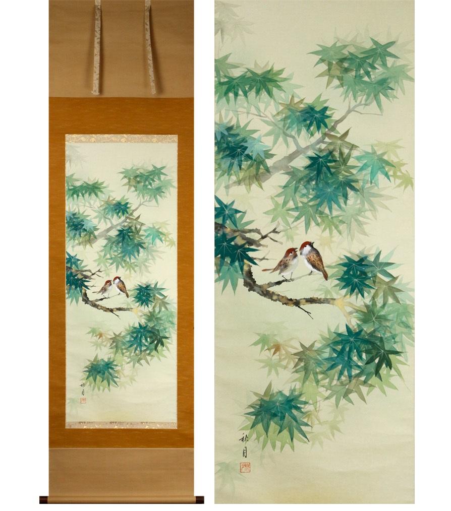 Showa Lovely Scroll Paintings Japan Artist Signed Sparrow in Autumn For Sale