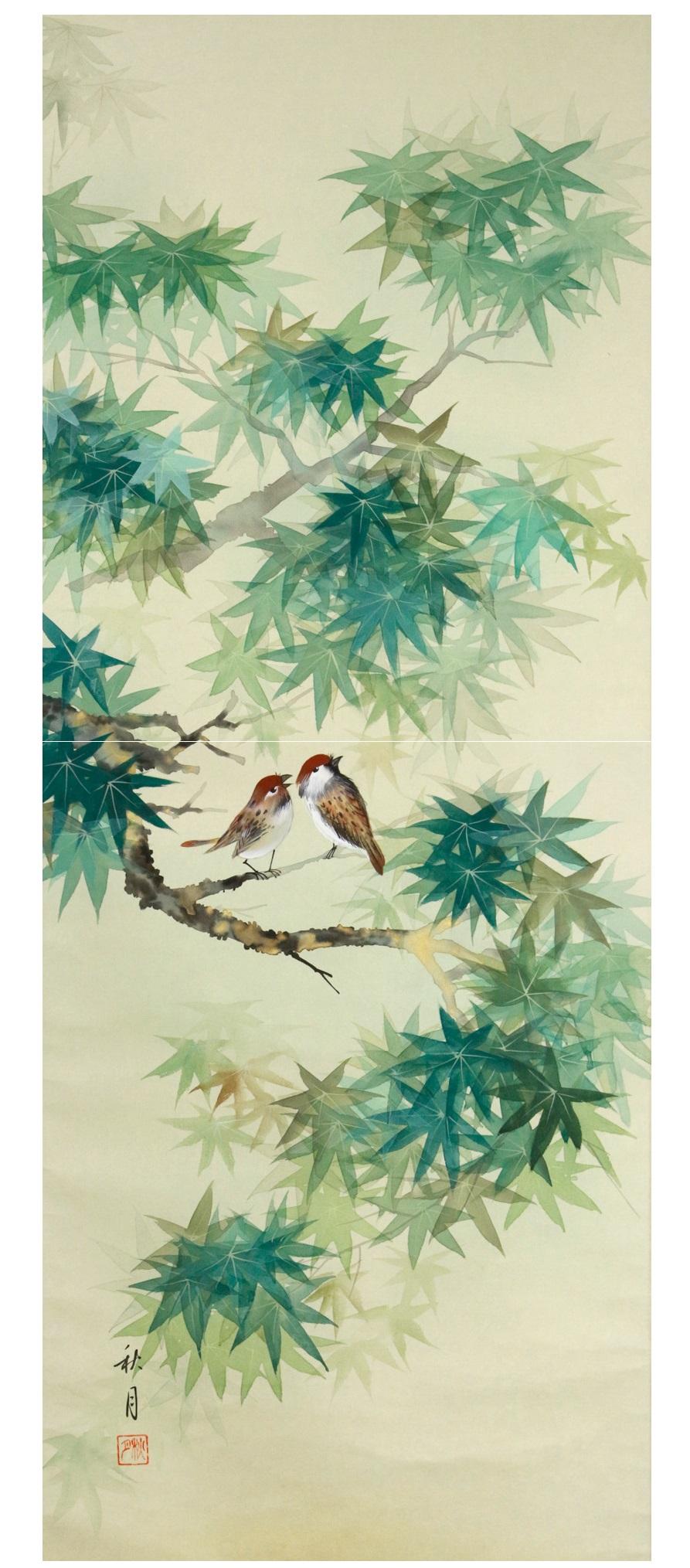 Japanese Lovely Scroll Paintings Japan Artist Signed Sparrow in Autumn