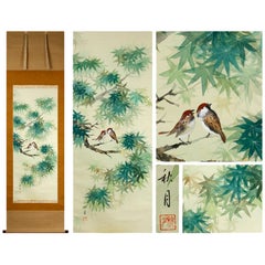 Lovely Scroll Paintings Japan Artist Signed Sparrow in Autumn