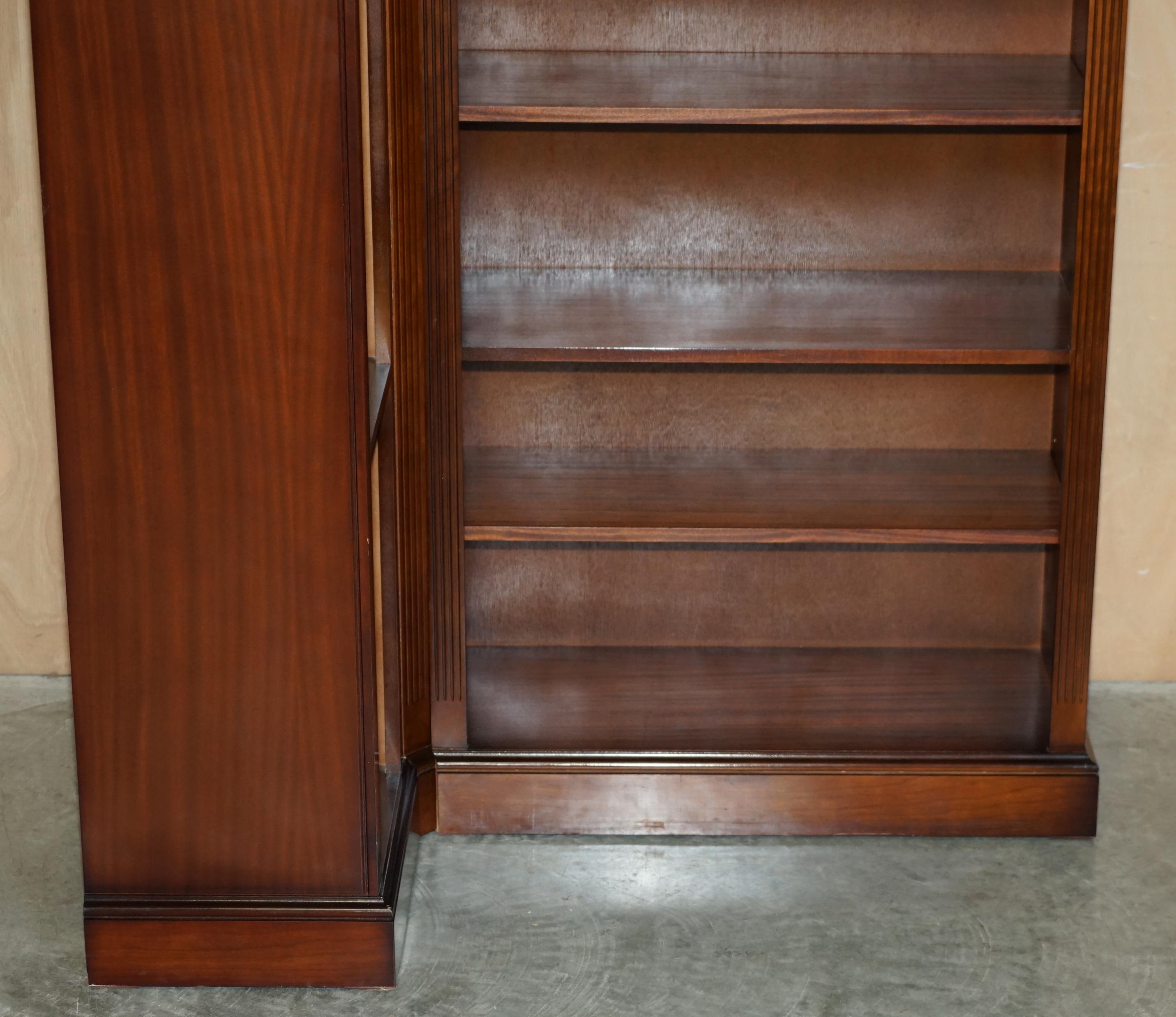 English Lovely 2 Piece Flamed Hardwood Open Library Bookcase Part of a Paired Suite For Sale