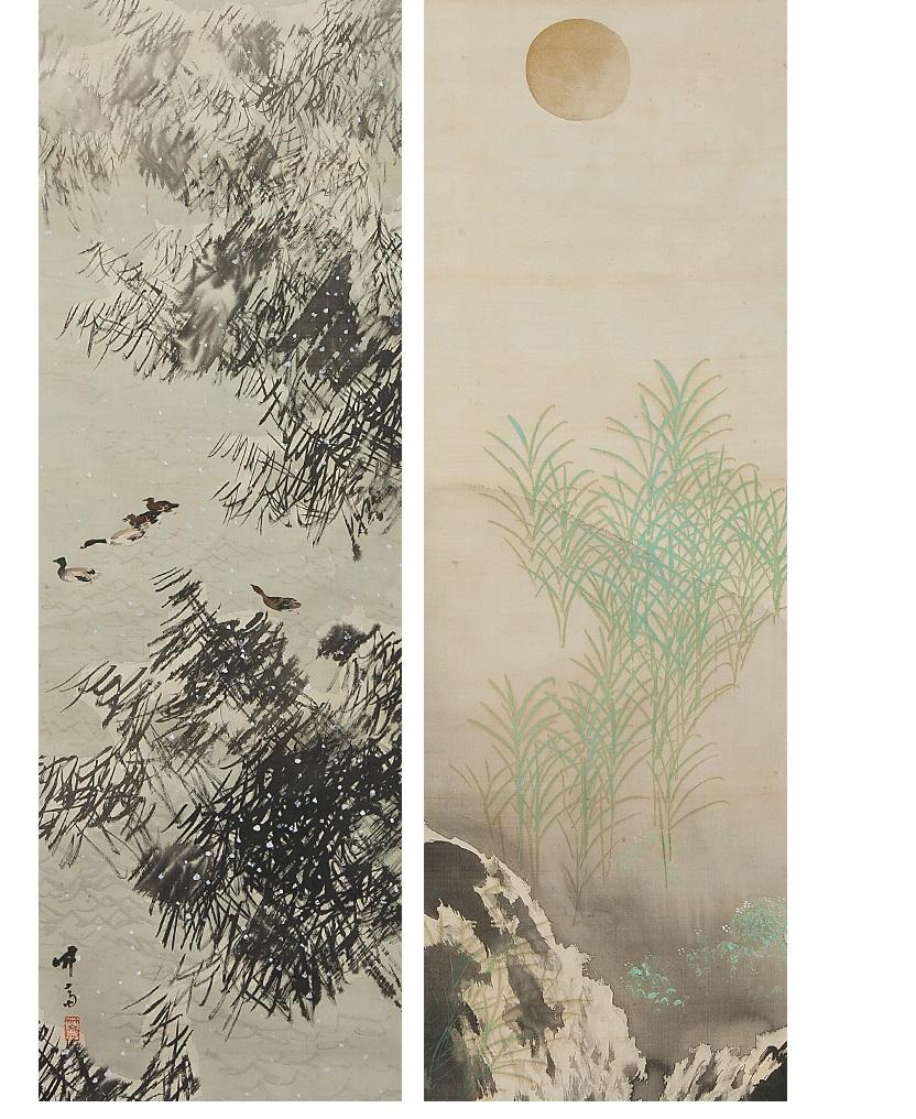 20th Century Lovely Yamashita Taketoki Scroll Paintings Japan Artist Crane Painted For Sale