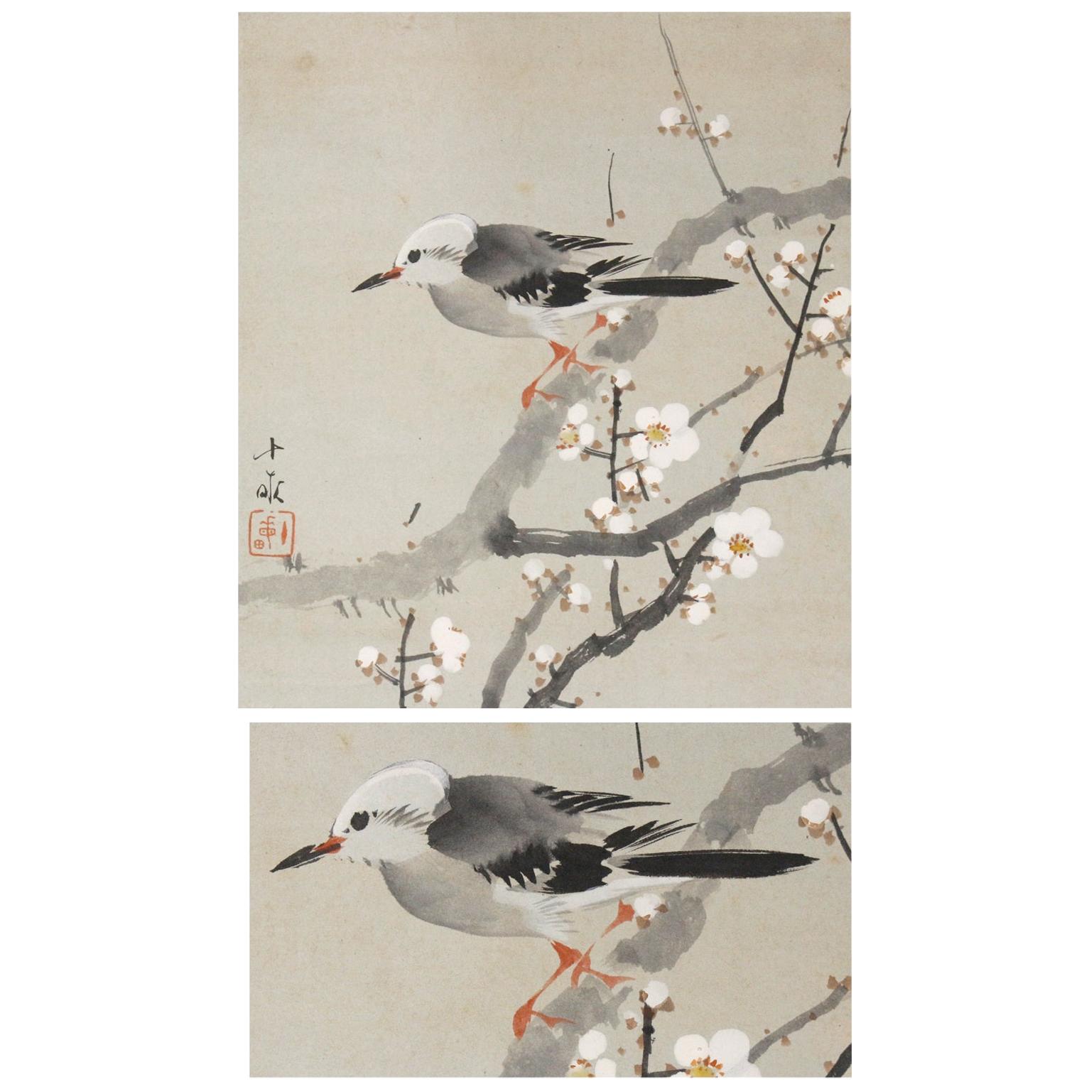 Lovely 20th Araki Jippo Scroll Paintings Japan Artist Bird and Tree Painted
