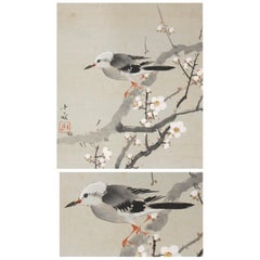 Antique Lovely 20th Araki Jippo Scroll Paintings Japan Artist Bird and Tree Painted