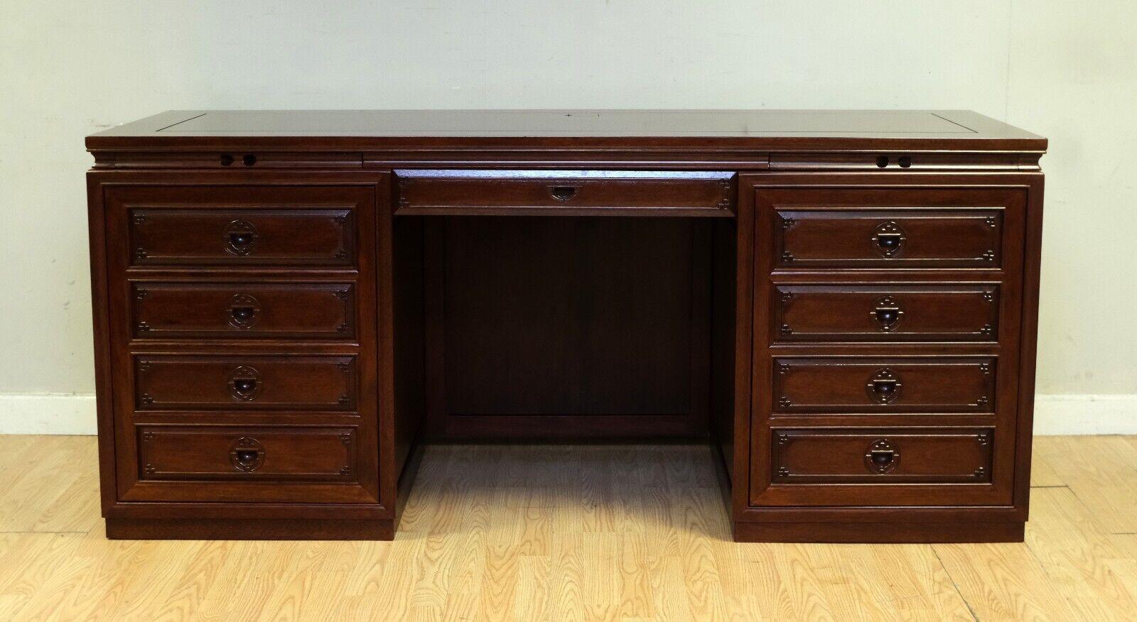 Chinese Export LOVELY 20TH C CHINESE HARDWOOD PEDESTAL DESK WiTH CENTRAL DRAWER BRUSHING SLIDES