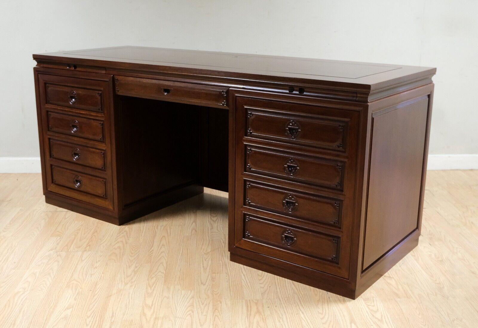 Hand-Crafted LOVELY 20TH C CHINESE HARDWOOD PEDESTAL DESK WiTH CENTRAL DRAWER BRUSHING SLIDES