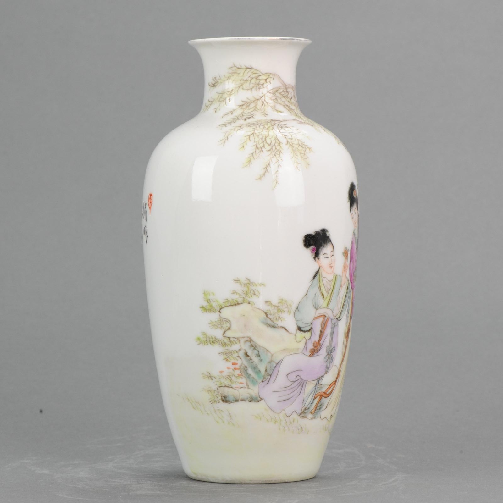 Lovely 20th Century PRoC Chinese Porcelain Vase with Ladies and Calligraphy For Sale 3