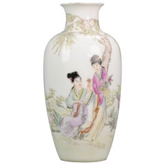 Vintage Lovely 20th Century PRoC Chinese Porcelain Vase with Ladies and Calligraphy