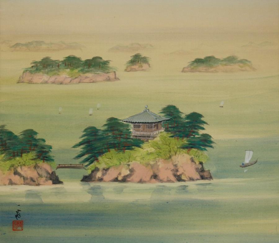 Japanese Lovely 20th Century Scroll Paintings Japan Artist Signed Sea Landscape For Sale