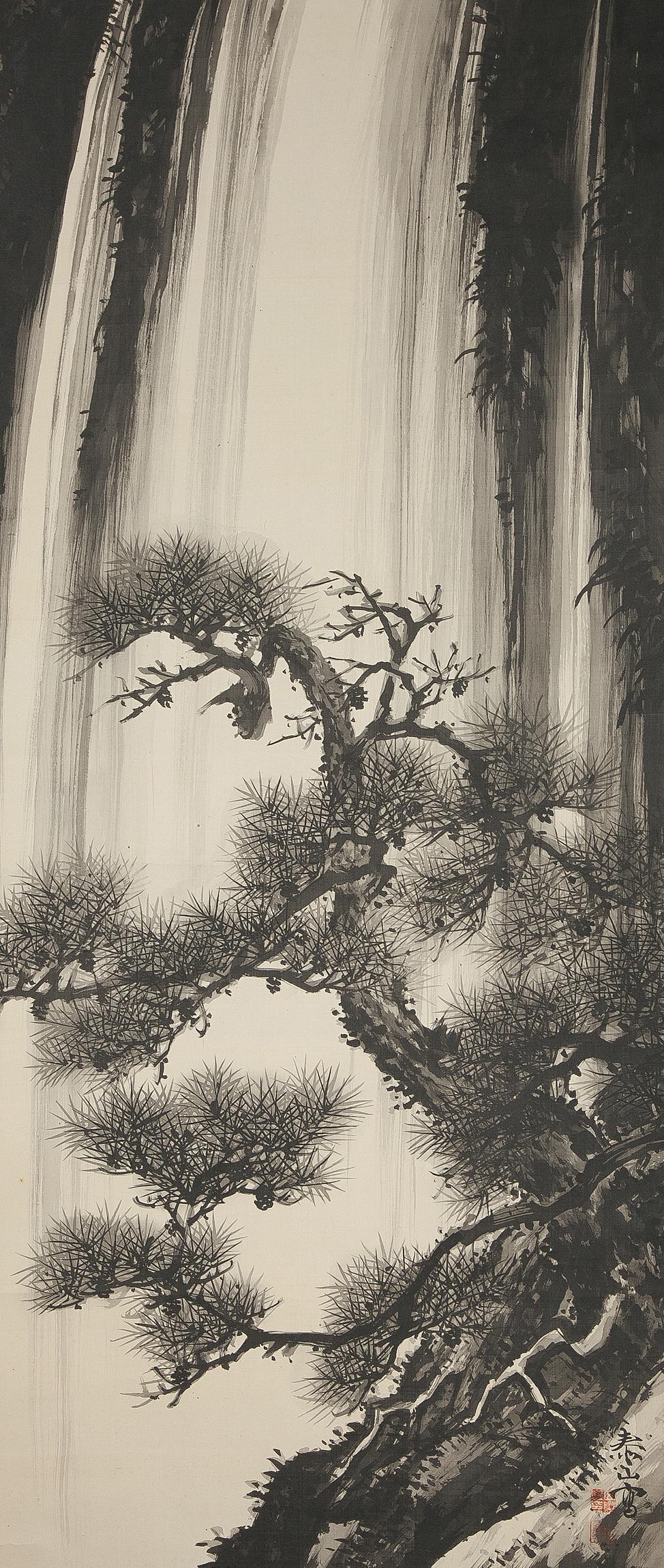 Lovely 20th Century Scroll Paintings Japan Künstler signiert Baum in Tinte Wasserfall (Japanisch) im Angebot