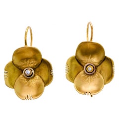 Lovely 22 Karat Diamond Brushed Gold Flower Pansy Form Wireback Earrings