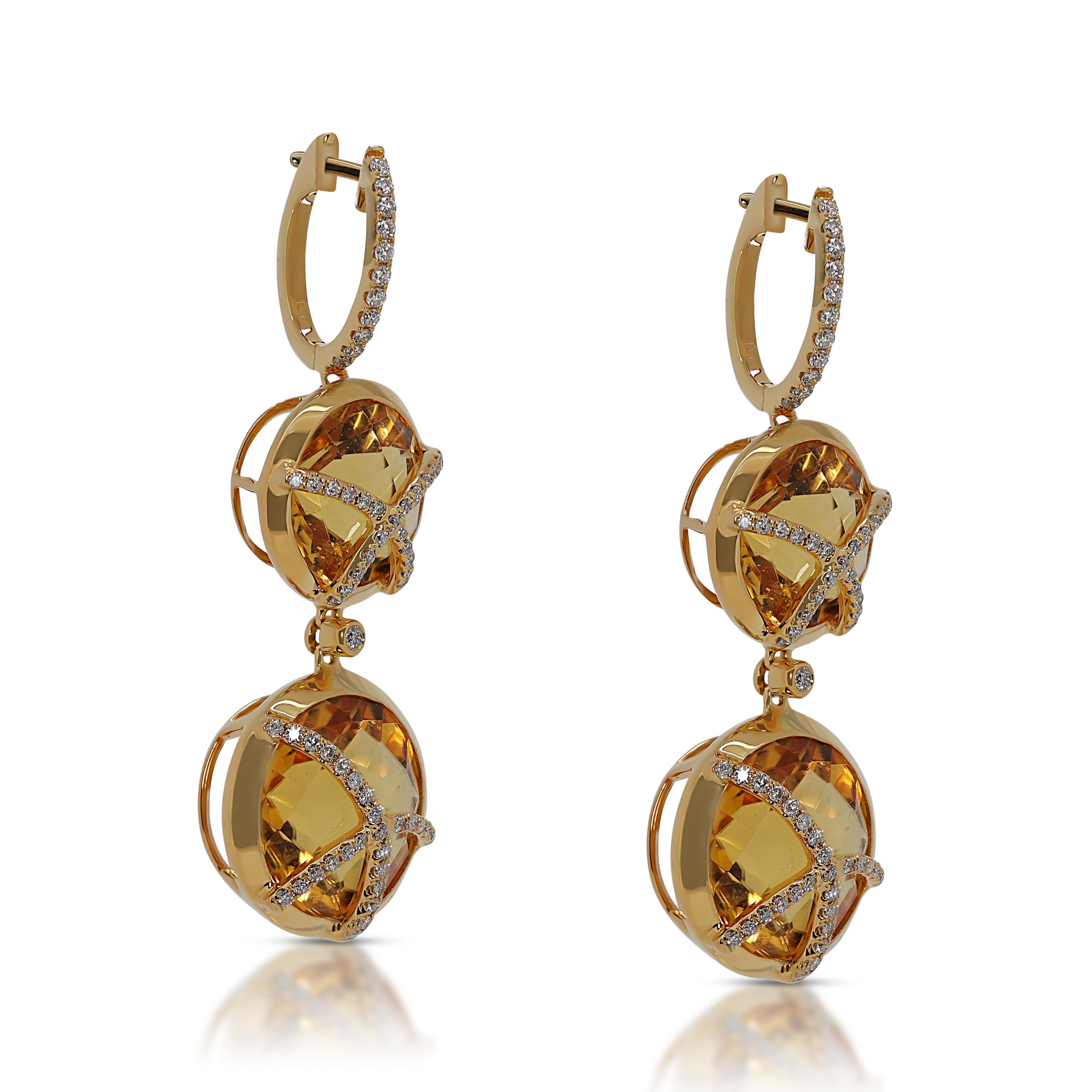 Round Cut Lovely 30.22ct Citrine and Natural Diamond Earrings in 18K Yellow Gold