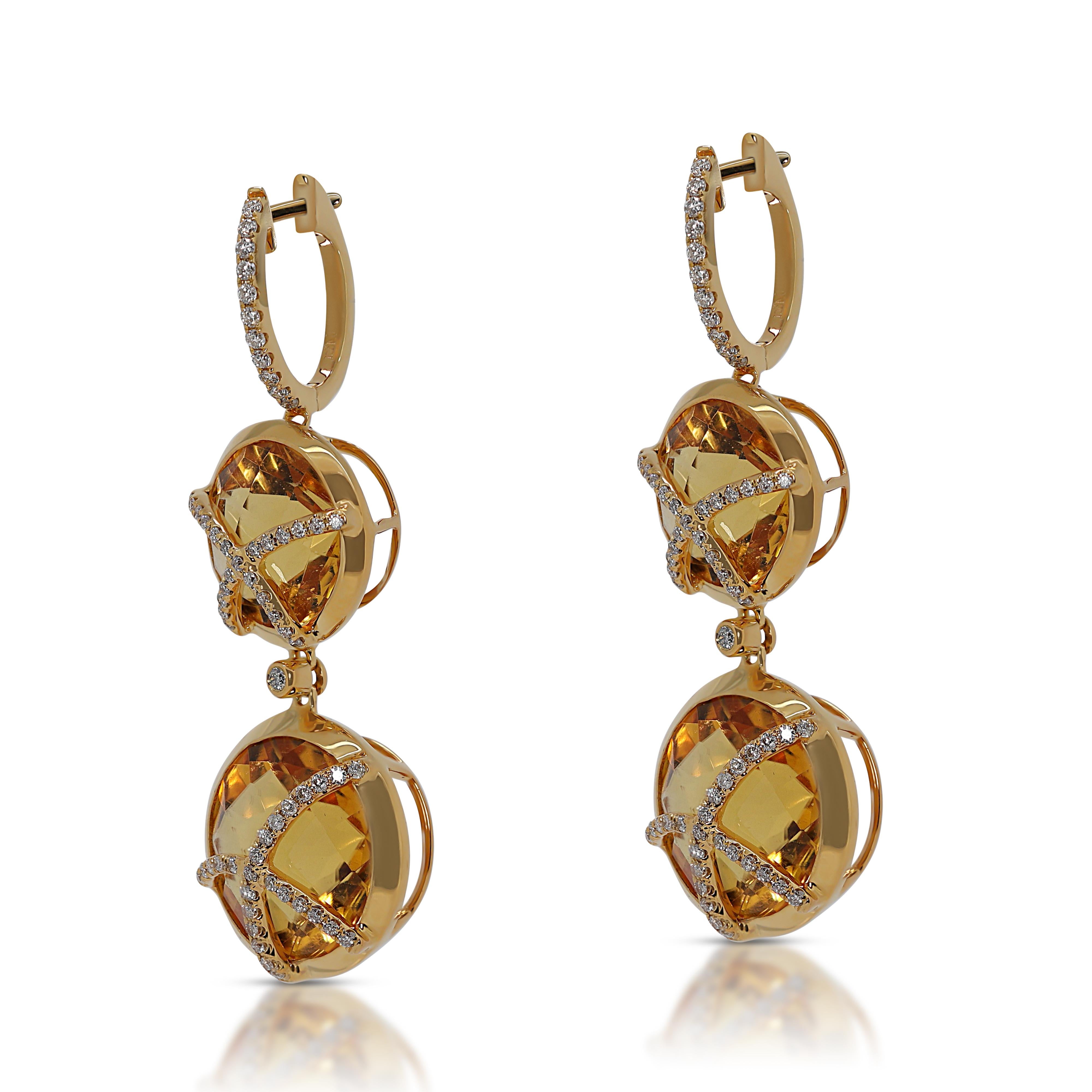 Lovely 30.22ct Citrine and Natural Diamond Earrings in 18K Yellow Gold In Excellent Condition In רמת גן, IL