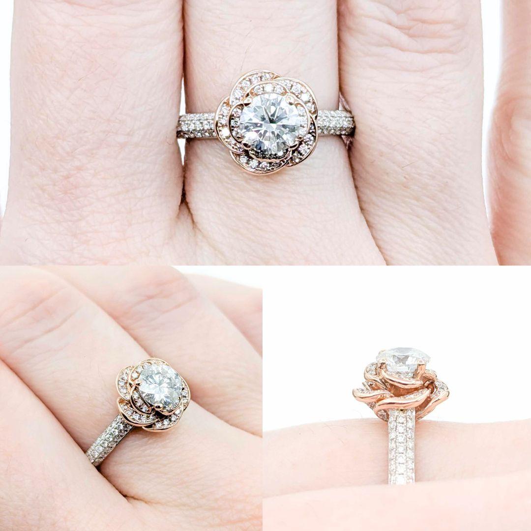 Bague en or bicolore avec fleur de rose et diamant de 0,92ct
Whiting présente une magnifique bague de fiançailles en diamant, réalisée en or blanc et rose 14k. Cette bague est ornée d'un diamant central de 0,92ct, complété par des diamants de