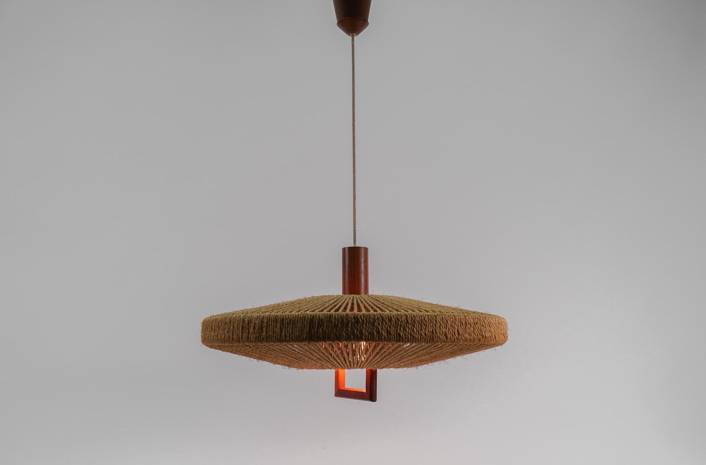 Scandinavian Modern Lovely Adjustable Ceiling Lamp Made in Teak and Jute by Temde Swiss, 1960s For Sale