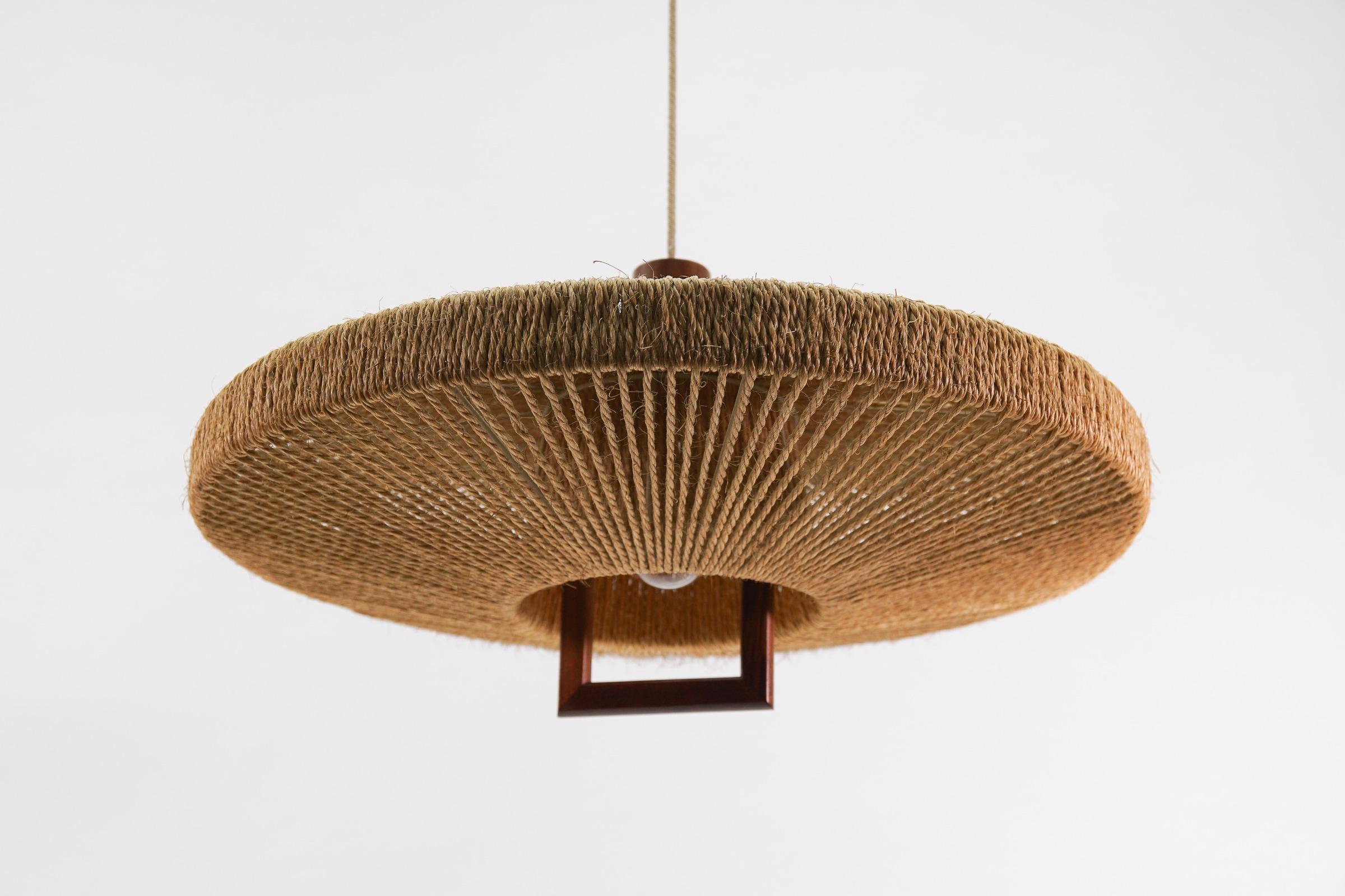 Mid-20th Century Lovely Adjustable Ceiling Lamp Made in Teak and Jute by Temde Swiss, 1960s For Sale