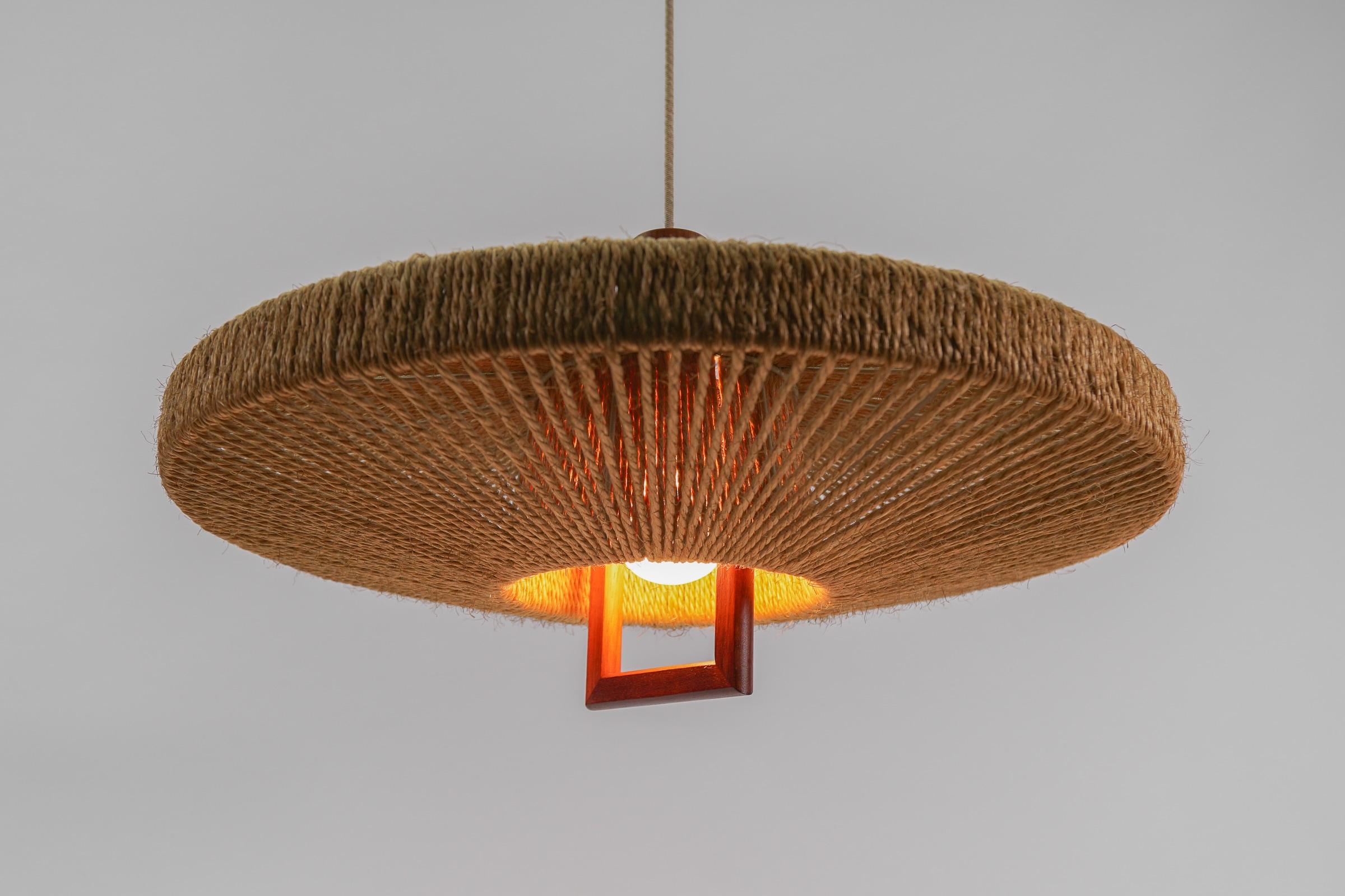 Metal Lovely Adjustable Ceiling Lamp Made in Teak and Jute by Temde Swiss, 1960s For Sale