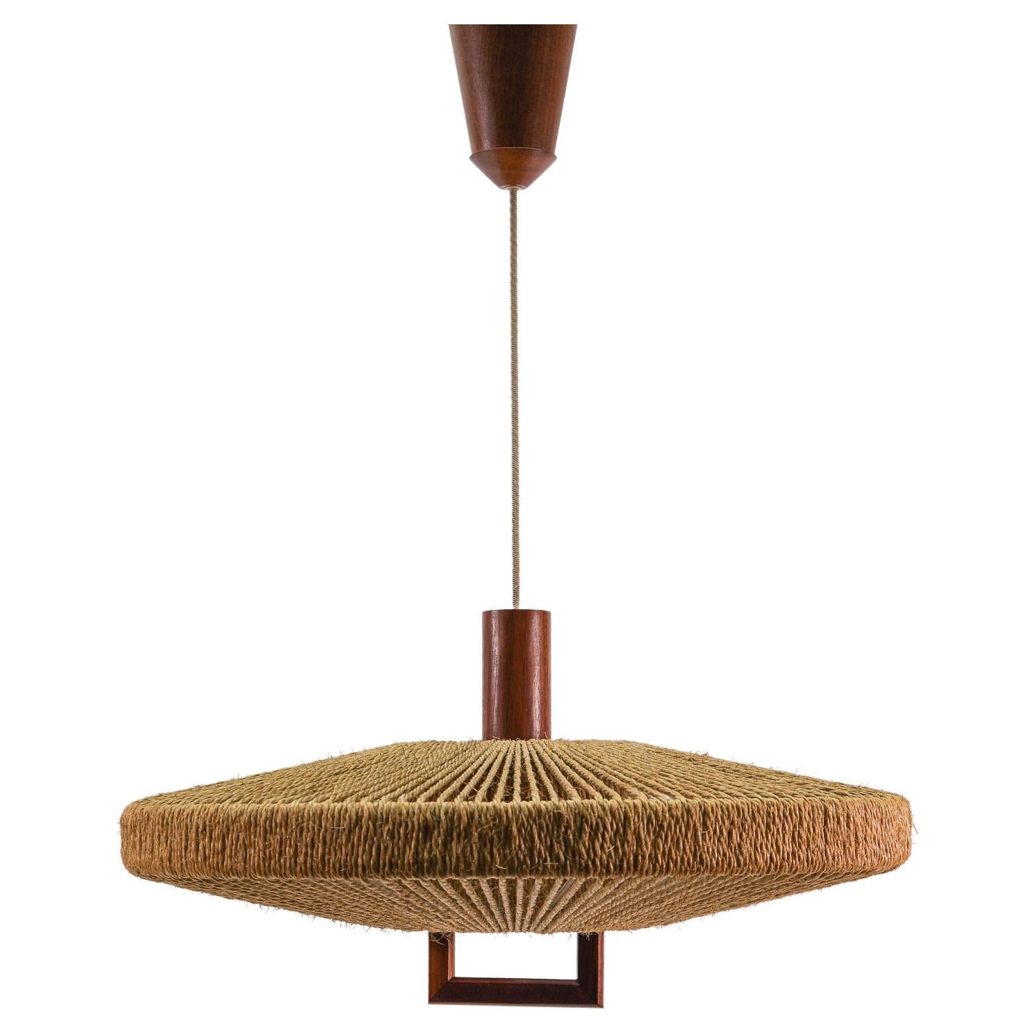 Lovely Adjustable Ceiling Lamp Made in Teak and Jute by Temde Swiss, 1960s For Sale