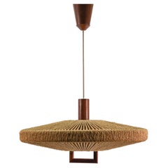 Ravissante lampe de plafond réglable en teck et jute de Temde Swiss, années 1960