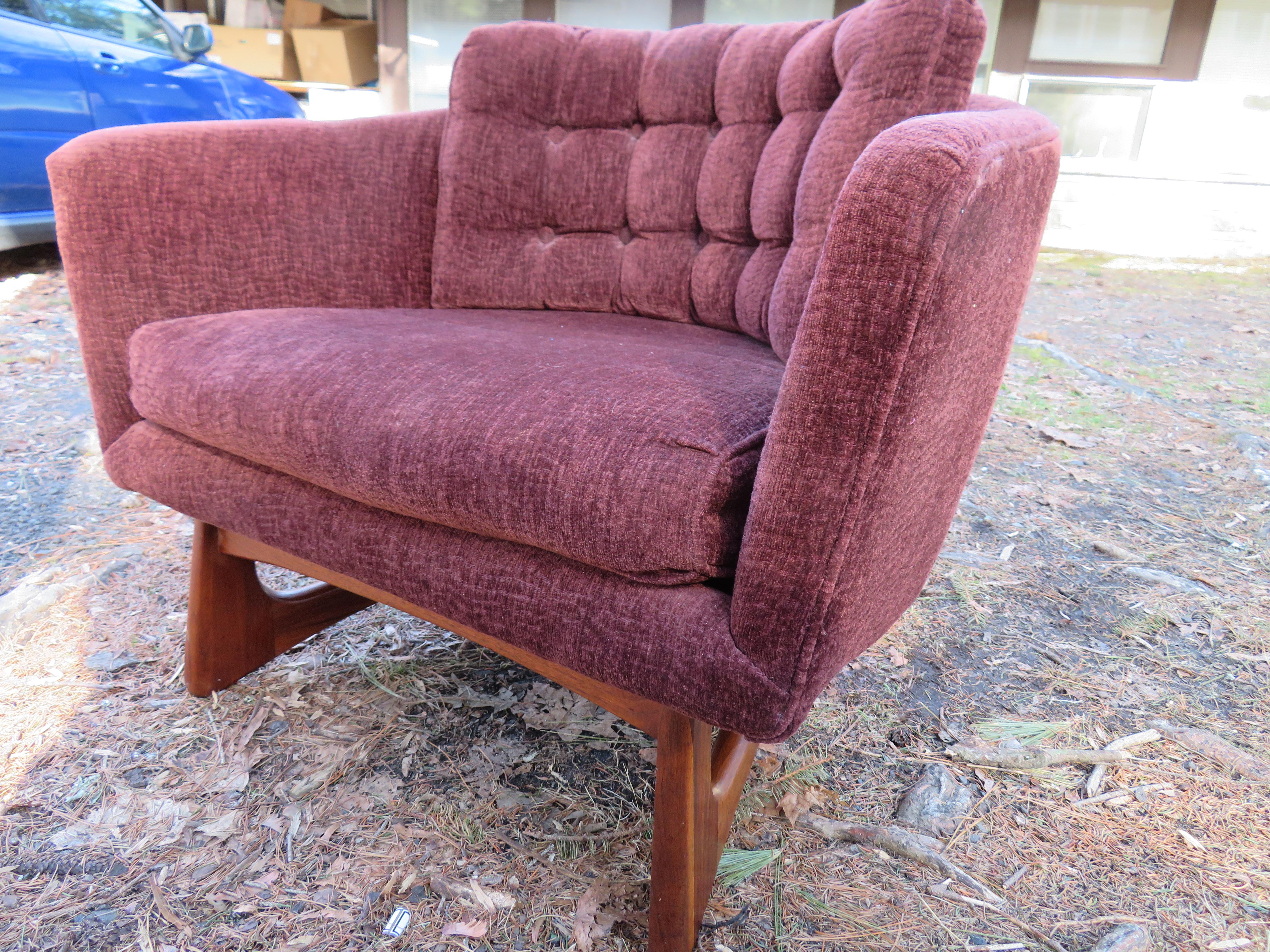 Lovely Adrian Pearsall sculptural walnut barrel back lounge chair. The upholstery is in decent shape and is usable as is. The sculptural walnut frame looks great with only minor wear-all the joints have been re-glued .