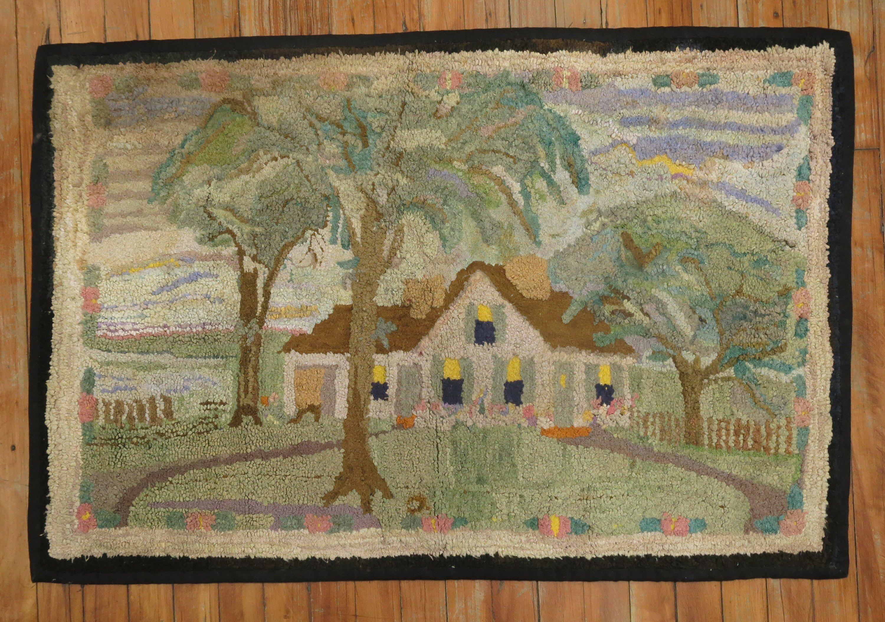 A handmade decorative American hooked rug from the middle of the 20th century depicting a quiet little home on the countryside
The condition is really nice. No stains, no tears, has been professionally cleaned.

Measures: 2'3'' x 3'6''.