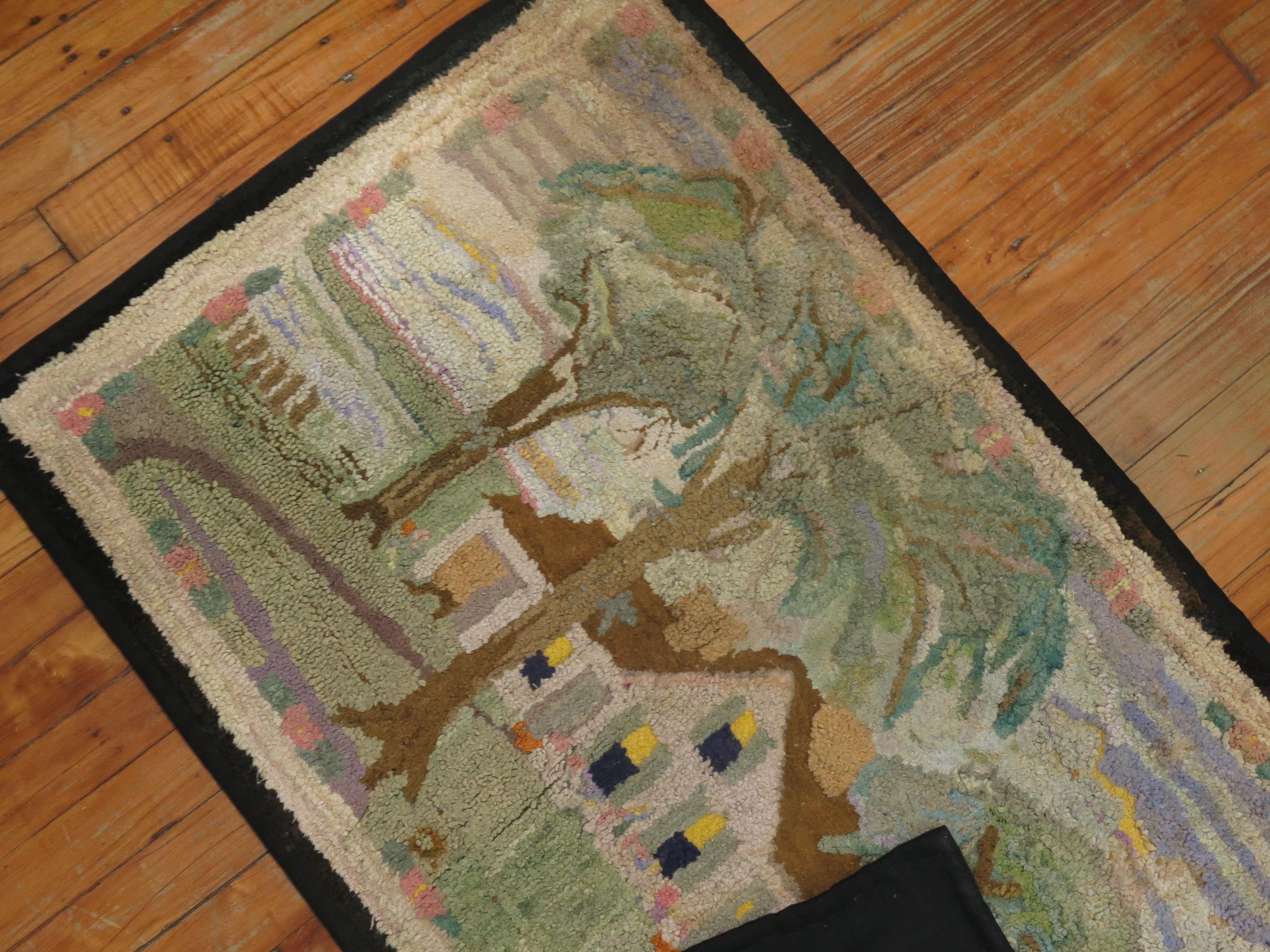 20th Century Lovely American Hooked Scenery Rug