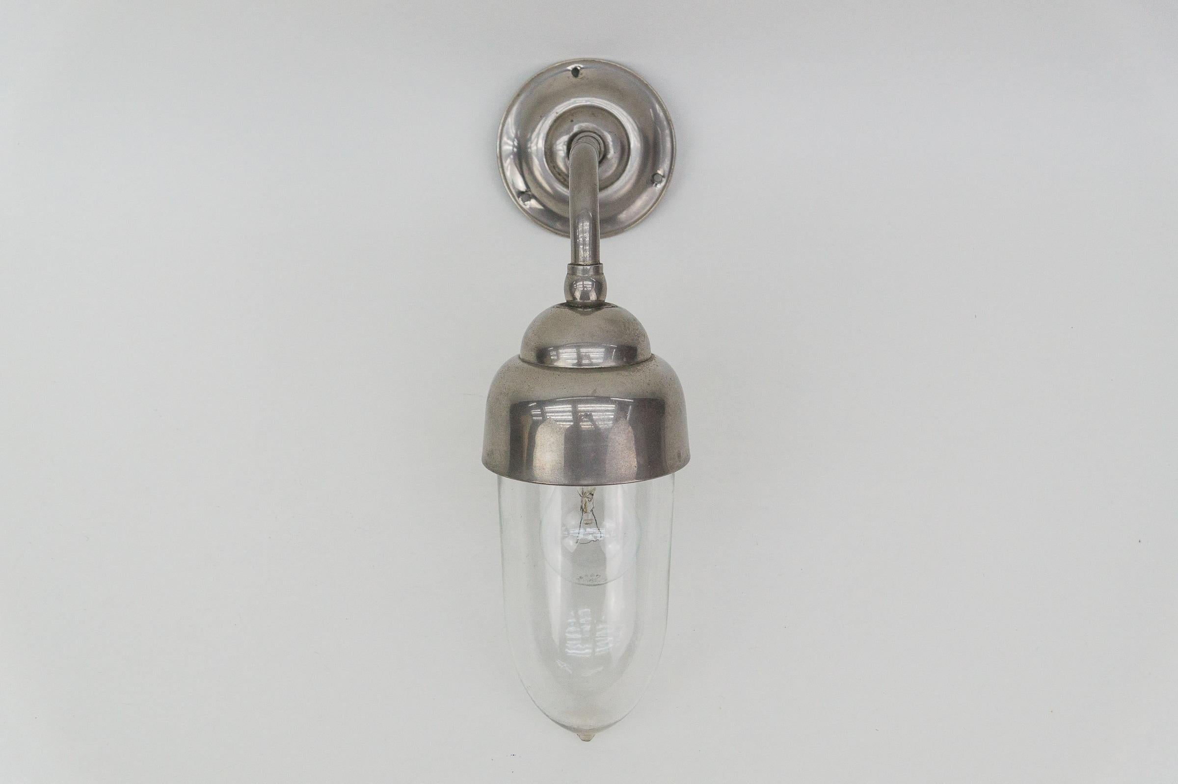 Austrian Lovely and Rare Art Deco Outdoor Nickel-Plated and Glass Arc Wall Lamp, Austria For Sale