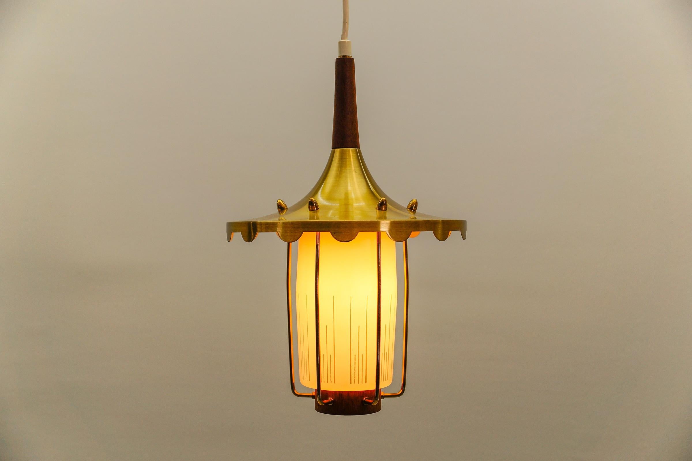 Graziosa e rara lampada scandinava in teak, vetro opalino e ottone, anni '60 In condizioni buone in vendita a Nürnberg, Bayern