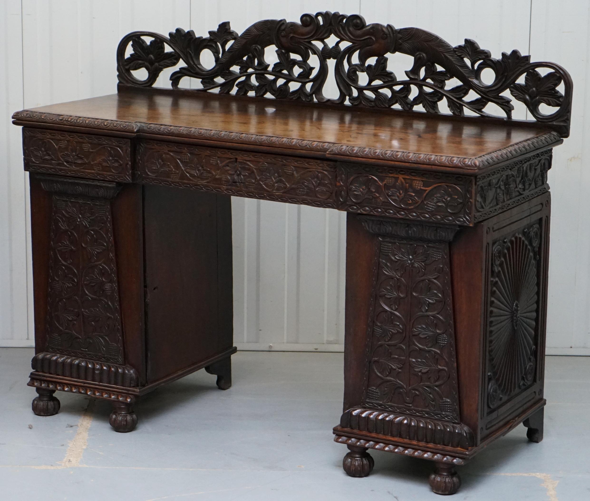 Victorian Lovely Anglo Burmese 19th Century Hand Carved Sideboard with Drawers & Cupboards For Sale