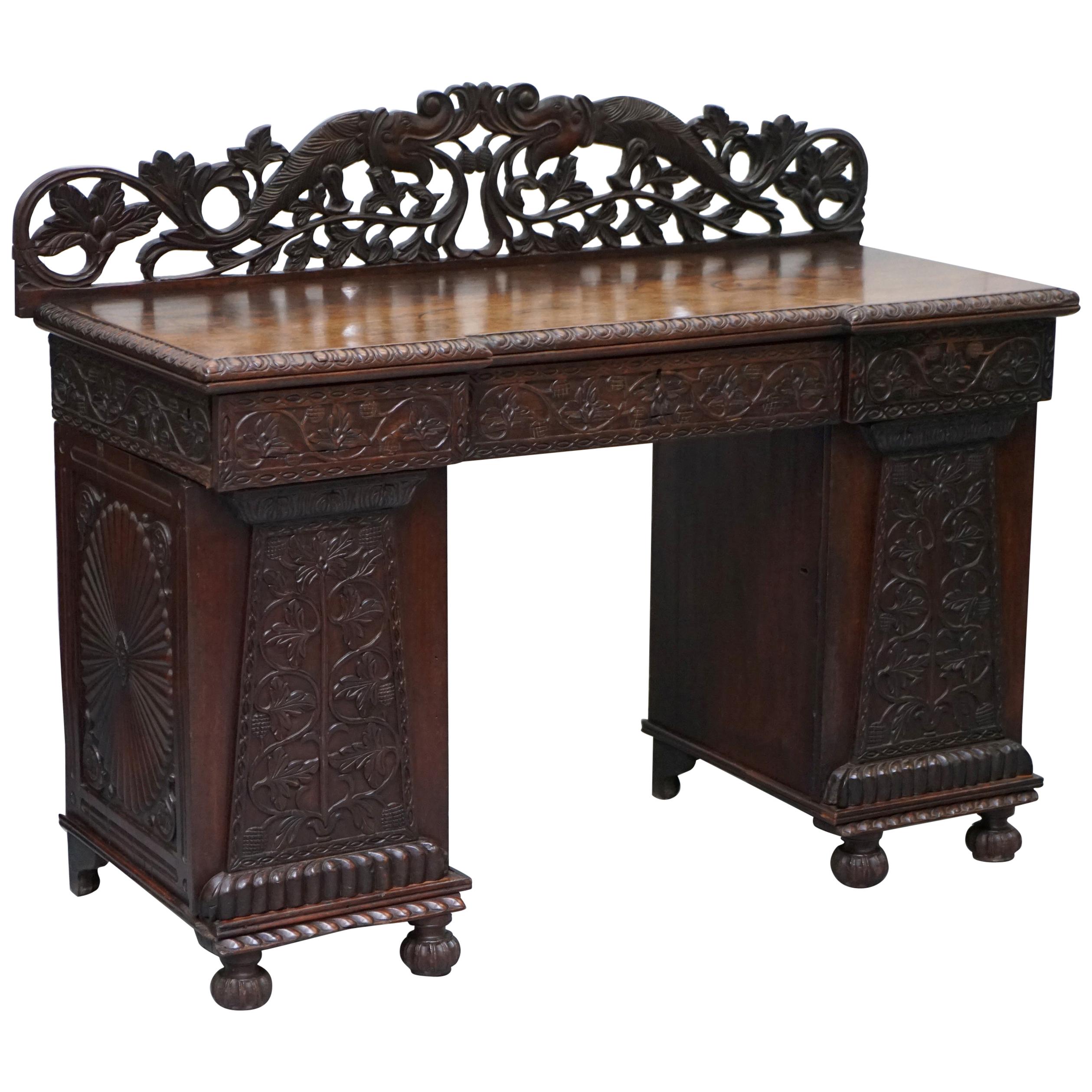 Lovely Anglo Burmese 19th Century Hand Carved Sideboard with Drawers & Cupboards For Sale