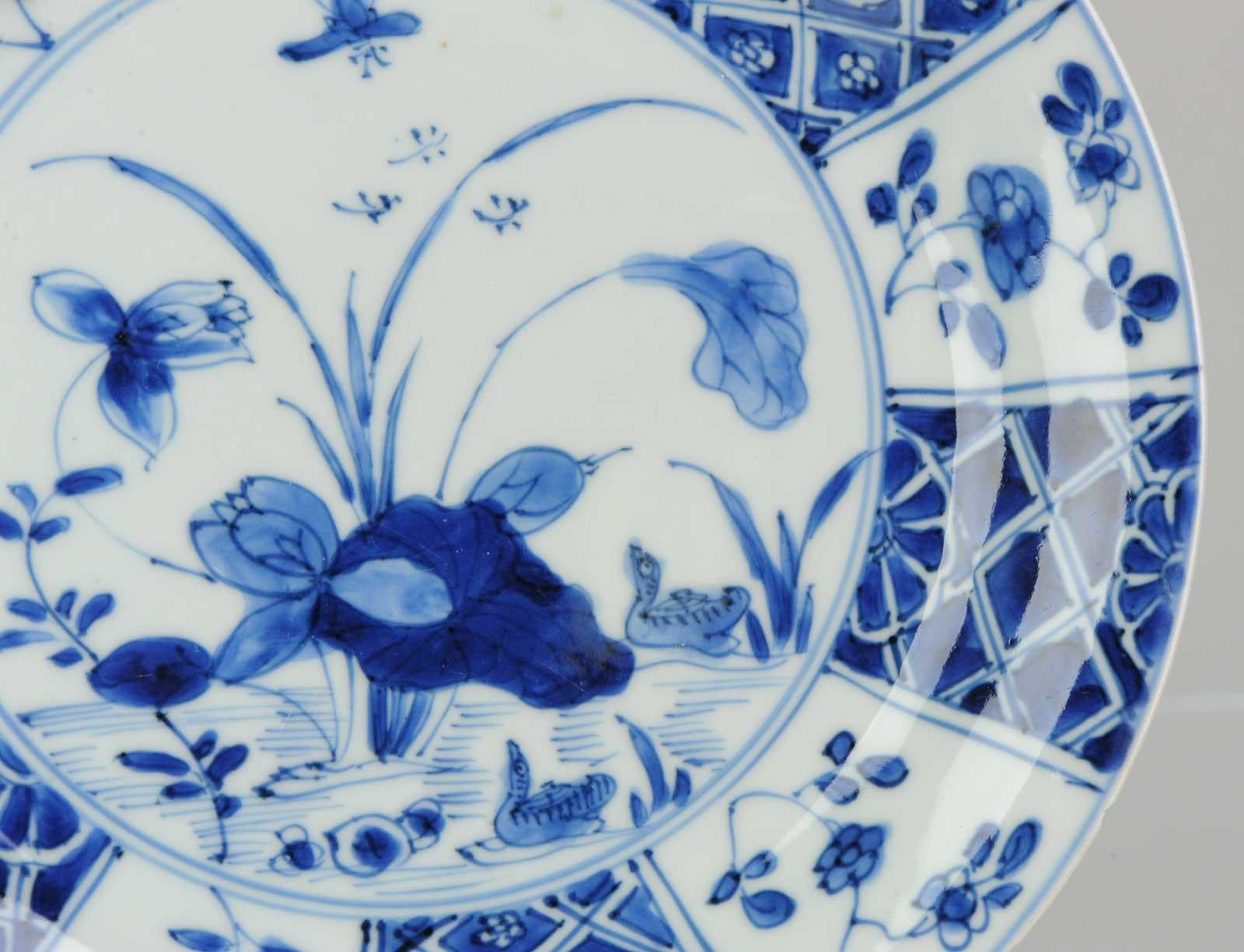 18th Century Lovely Antique Blue white Dish Lotus Ducks Qing Chinese Porcelain Ch For Sale